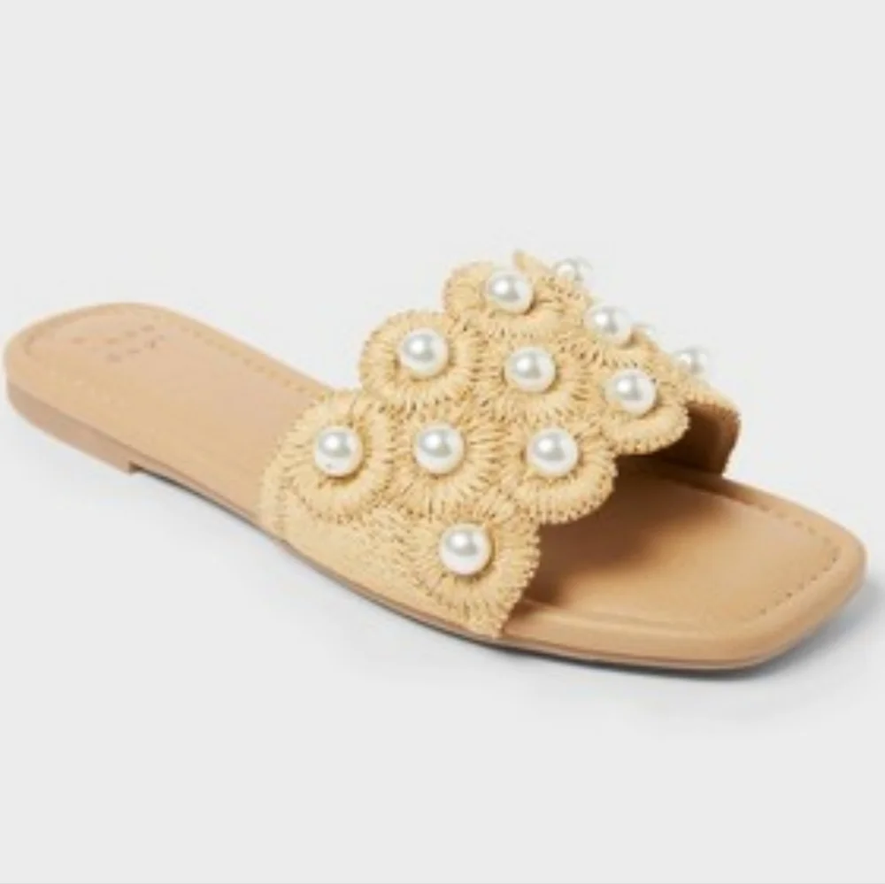 A New Day Delaney Pearl Embellishments Rafia Sandal In Tan Size Woman's 8.5